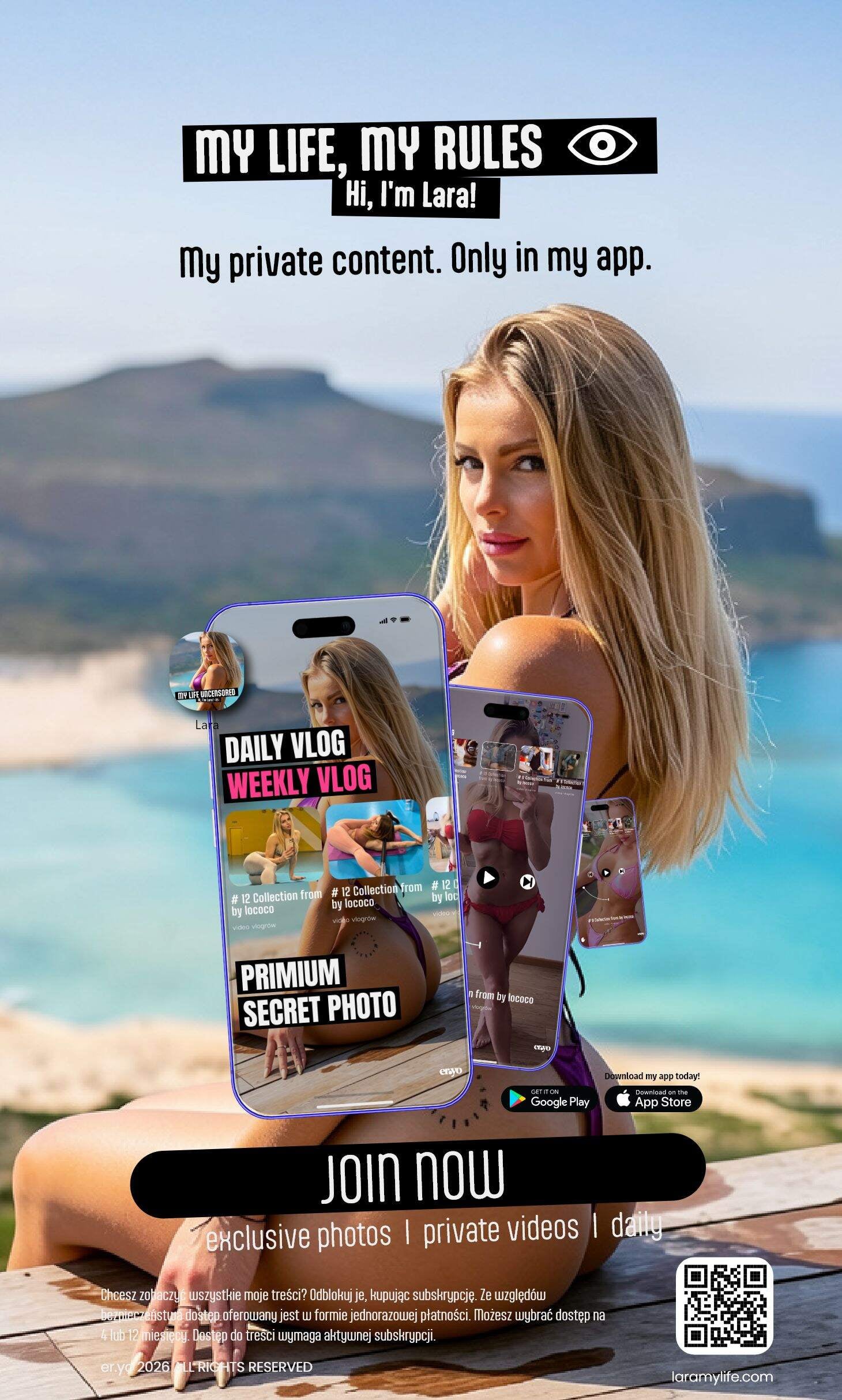 Lara sitting on a wooden deck above a turquoise bay, holding a phone showing her app
